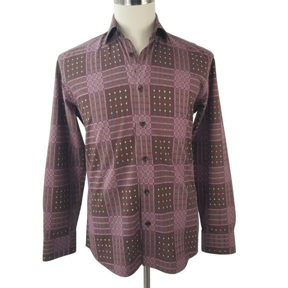 Bertino Brown Pink Blue Button Down Men's Shirt  Size Medium - Picture 1 of 7